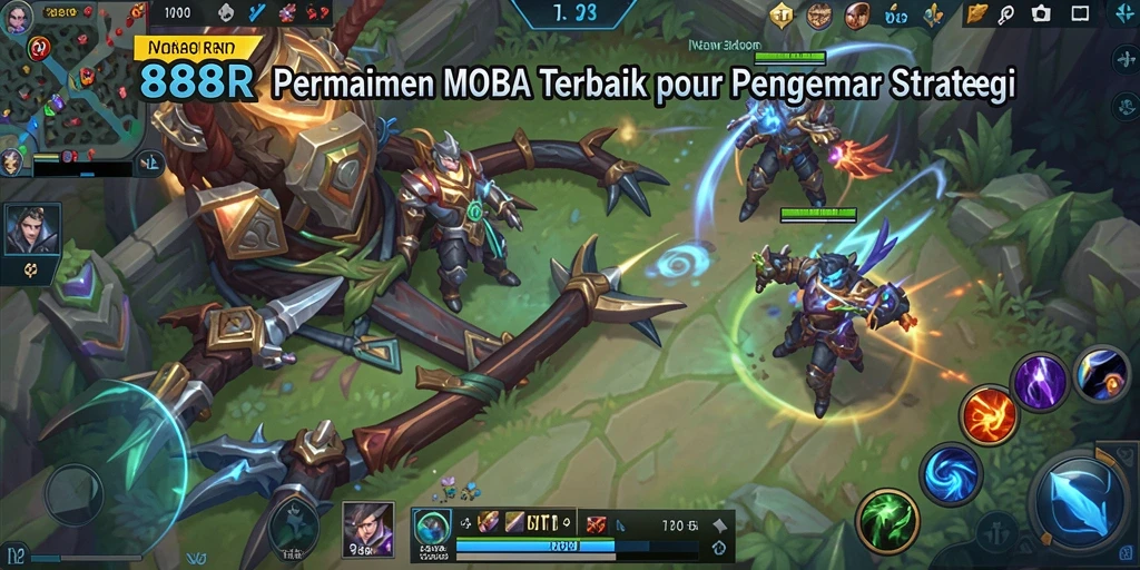 Screenshot gameplay 888R dengan pertempuran MOBA yang seru.