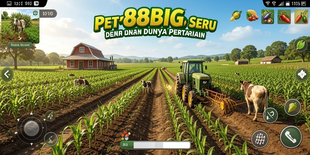 Screenshot 88BIG menampilkan ladang hijau yang subur dan hewan peliharaan.