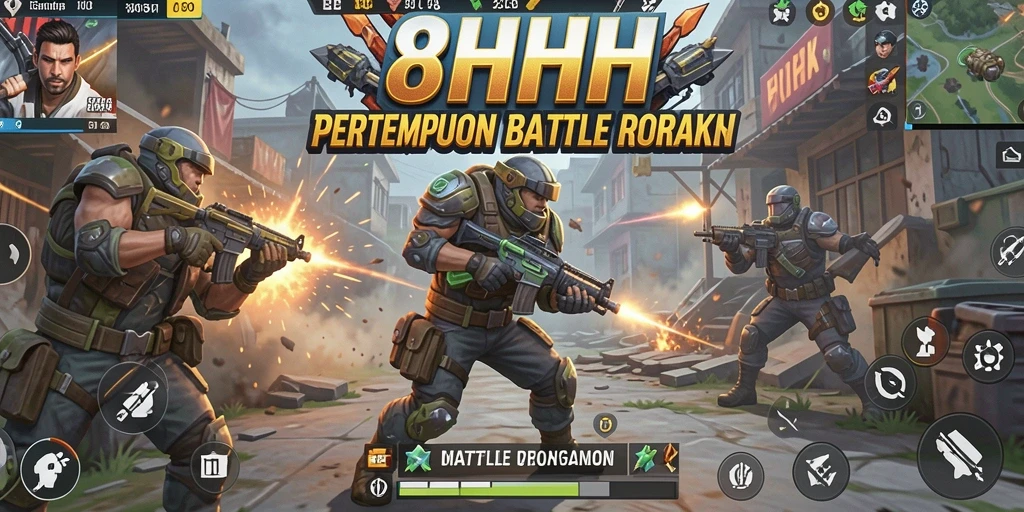 Screenshot gameplay 8HHH menampilkan aksi seru dalam pertempuran Battle Royale.