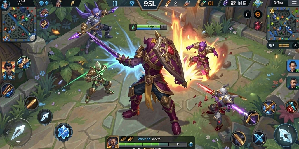 Screenshot gameplay yang menggambarkan pertarungan tim dalam 9SL.