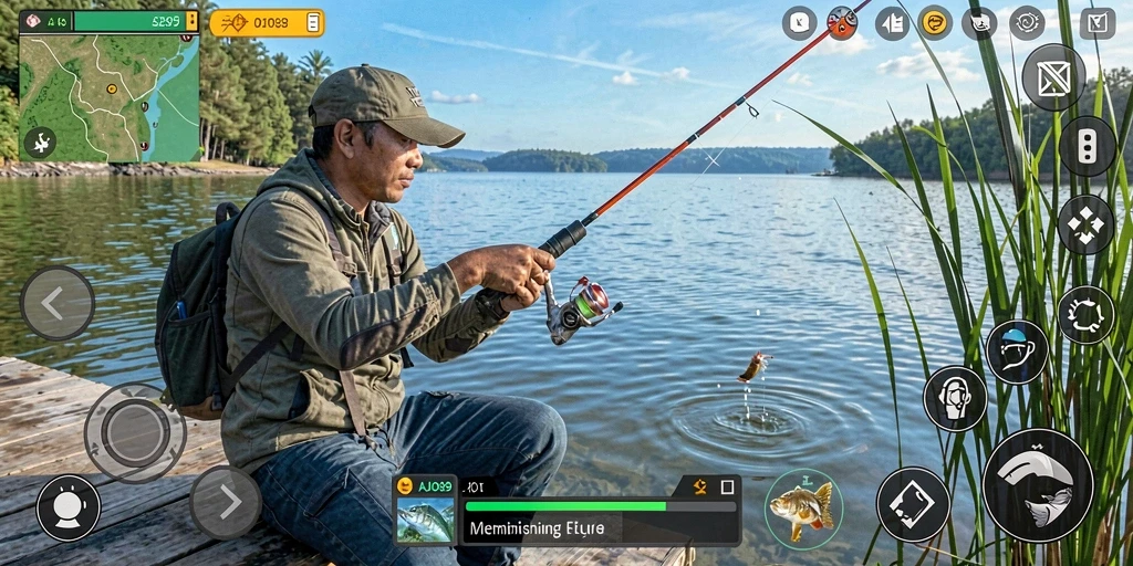 Tampilan gameplay AJO89 saat memancing dengan pemandangan yang indah.