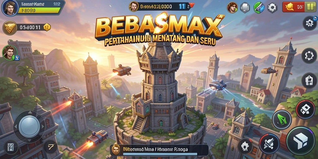 Screenshot BEBASMAX menampilkan aksi menara bertahan melawan gelombang musuh.