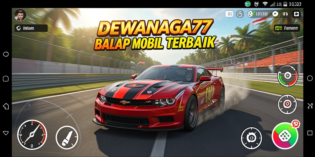 Tangkapan layar DEWANAGA77 menampilkan balapan mobil yang mendebarkan di trek.