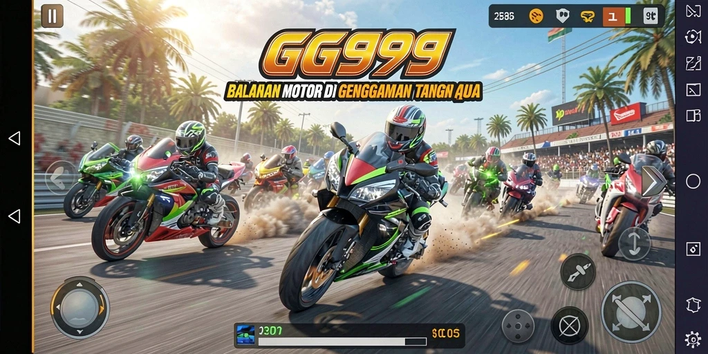 Screenshot gameplay GG999 yang menunjukkan balapan motor yang seru.