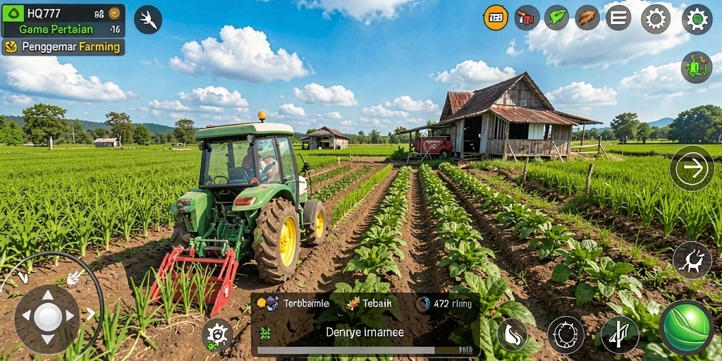 Tangkapan layar gameplay HQ777 menampilkan suasana pertanian yang ceria dan penuh warna.