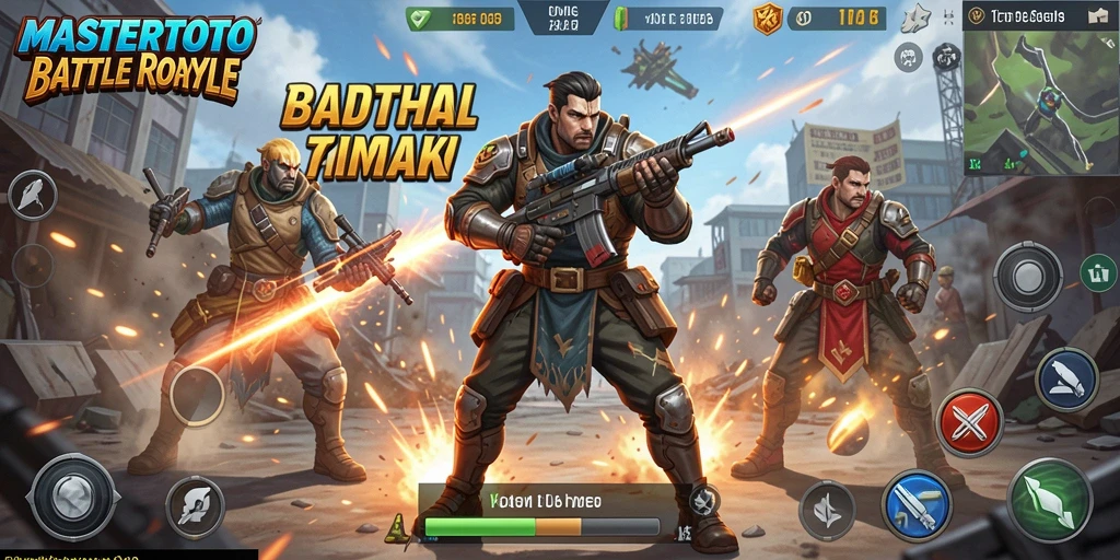 Tangkapan layar MASTERTOTO menampilkan aksi pertempuran Battle Royale yang seru.