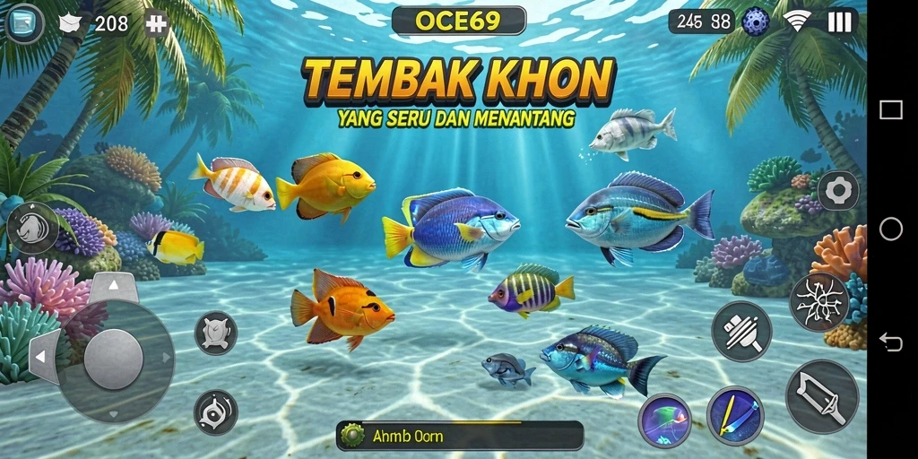Screenshot OCE69 menampilkan aksi seru menembak ikan di lautan.