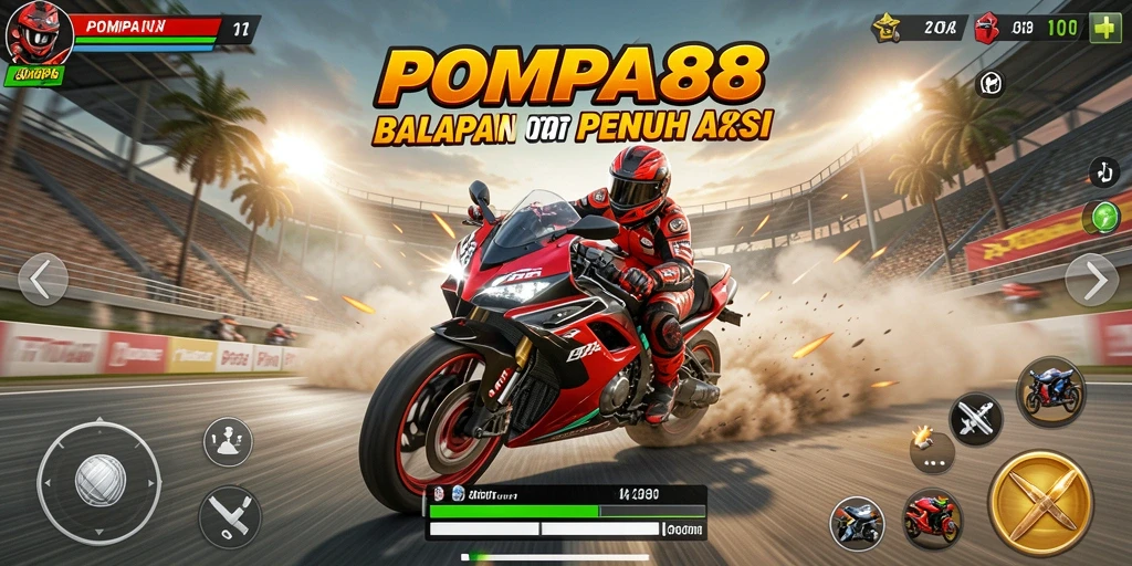 Screenshot gameplay POMPA88 yang menunjukkan aksi balapan motor yang seru.