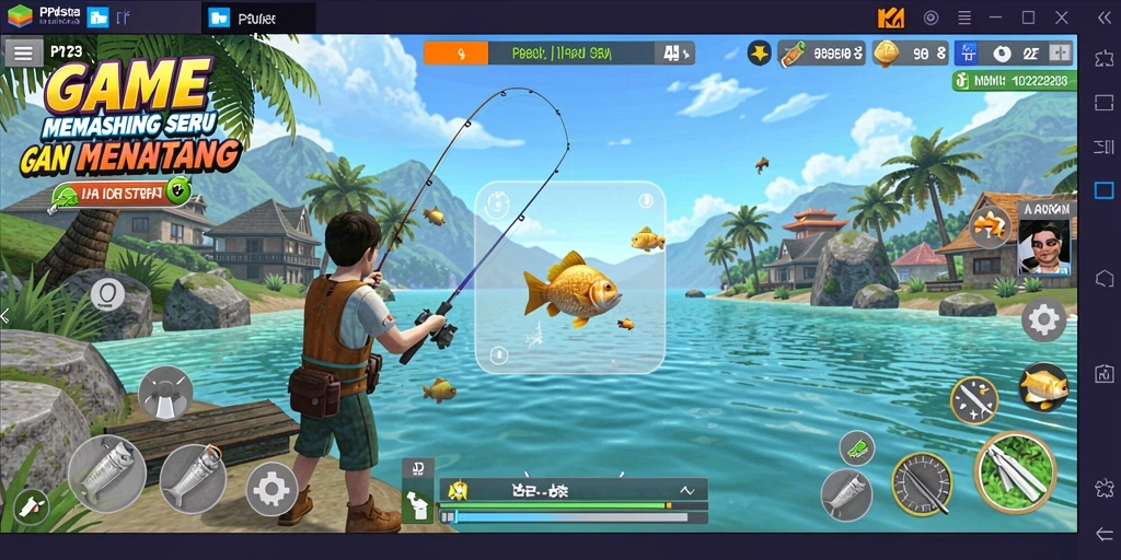 Screenshot gameplay PP123 menampilkan aksi memancing yang mendebarkan.