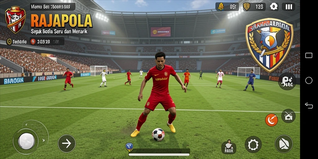 Tampilan gameplay menarik dari RAJAPOLA dengan aksi sepak bola nyata.