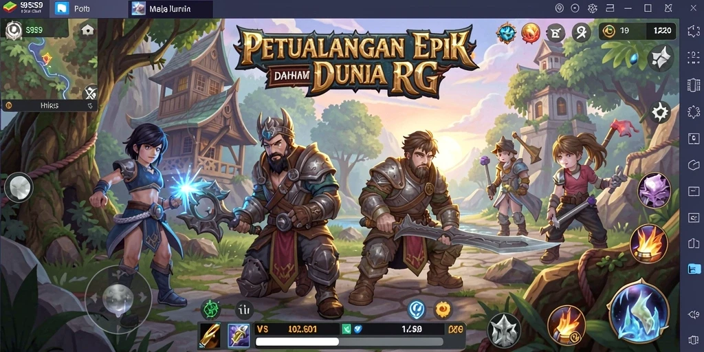 Tampilan layar utama S9S9 dengan karakter RPG yang dinamis.
