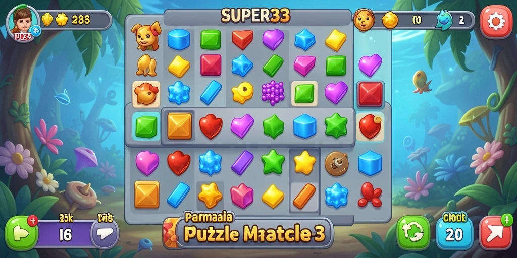 Screenshot menunjukkan gameplay seru di SUPER33 dengan elemen match-3 yang berwarna-warni.